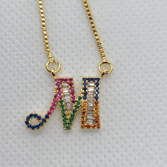 Initial M Necklace with Multicolored cubic Zirconia - Picture 2 of 4